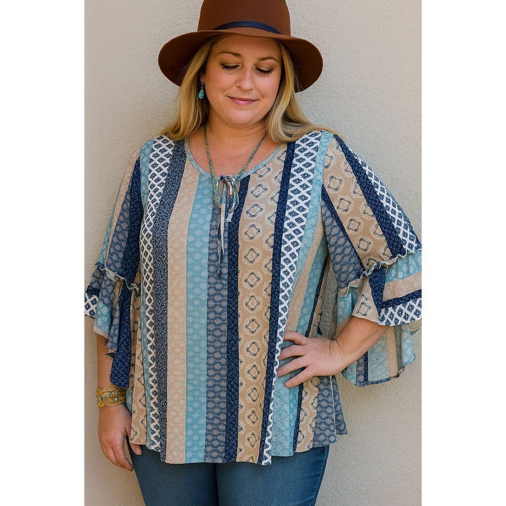 EST. 1946 Boho Patchwork Peasant Blouse Blue Beige Stripe Print Size XL Artsy